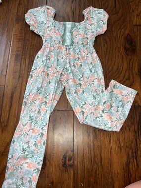 Floral Puff-Sleeve Jumpsuit in Coral & Sage